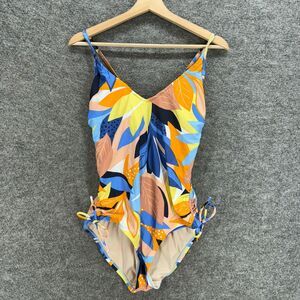 Kona Sol Swimsuit Women L Large Beige Floral V-Neck Sleeveless Push Up One Piece